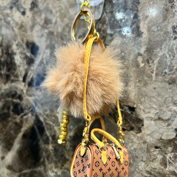 Accessories - Brown Monogram Keychain with Pom Pom